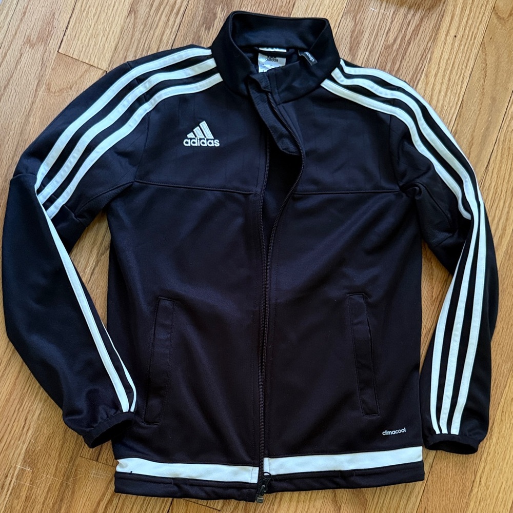 adidas lightweight kids Black Jacket with White Three-Stripes size small